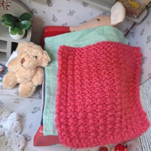 Op de afbeelding: Een miniatuur poppenhuis sc&egrave;ne met een teddybeer, een roze gebreide deken en een groene doek. Een kleine muispop is op de achtergrond. Decoratieve lieveheersbeestjes knopen en een potplant voegen details toe.