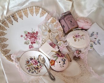 Vintage Cottagecore Shabby Chic Box: Romantic Decorative China Bundle, Coquette Home Decor Suprises-trinkets plate jug napkin toiletry tea++