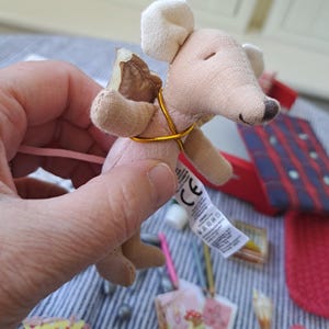 Op de afbeelding: Een kleine, pluche muis speelgoed in roze en beige, met een goudkleurig koord om de nek. De muis heeft een lange, roze staart en een label bevestigd. Het speelgoed wordt in een hand gehouden, met andere kleine items op de achtergrond.