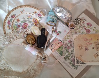 Vintage Cottagecore Shabby Chic Box: Romantic Decorative Kitchen Bundle, Coquette Home Decor Suprises-trinkets plate jug napkin toiletry tea