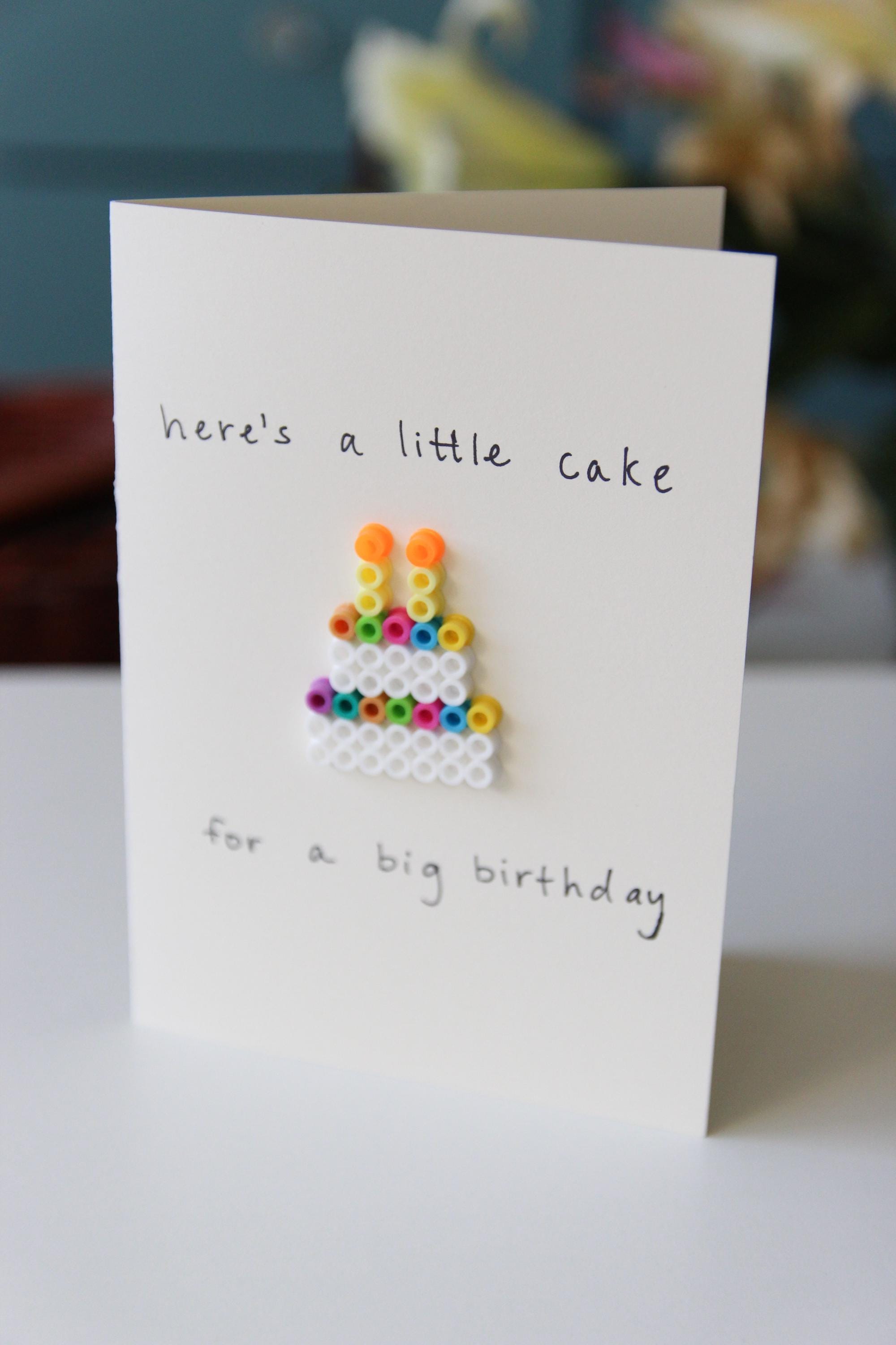 Tiny Cake Perler Bead Birthday Card-- Handmade, Unique, Cute