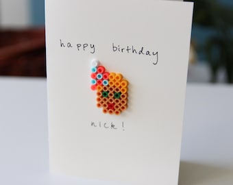 Personalized Birthday Card Handmade From Perler Beads; Customize