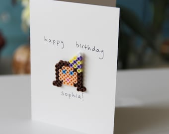 Personalized Birthday Card Handmade from Perler Beads; Customize Colors & Name!