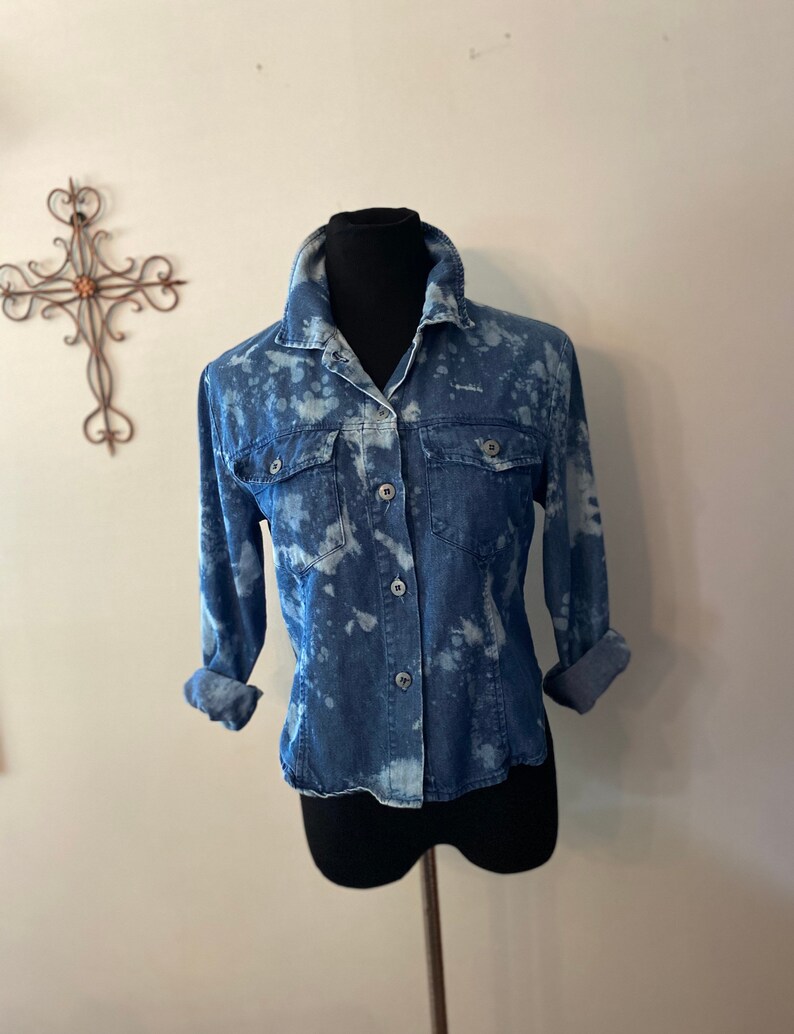 Upcycled Denim Cotton Shirt ~Bleached~ Size XS