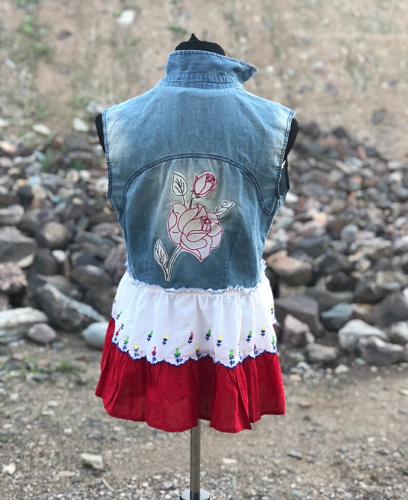 Upcycled OOAK Boho Gypsy Short Cowgirl ~Shirt~Tunic~ Vest Embroidered Rose Appliqu\u00e9 on Back size M