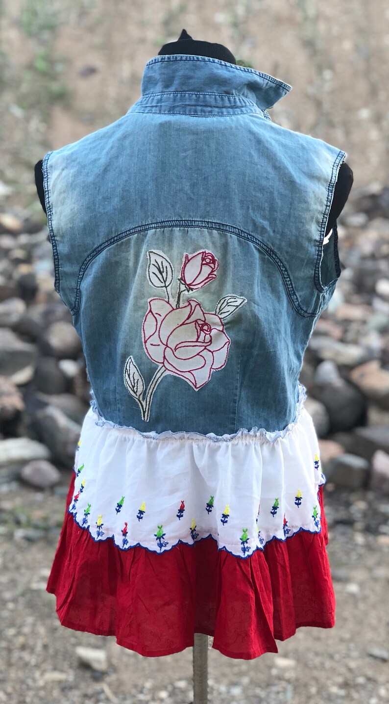 Upcycled OOAK Boho Gypsy Short Cowgirl ~Shirt~Tunic~ Vest Embroidered Rose Appliqu\u00e9 on Back size M