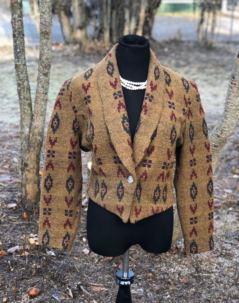 Vintage \u201cMixed Blues\u201d cropped Western Cowgirl Southwestern Print Jacket Blazer Size Medium
