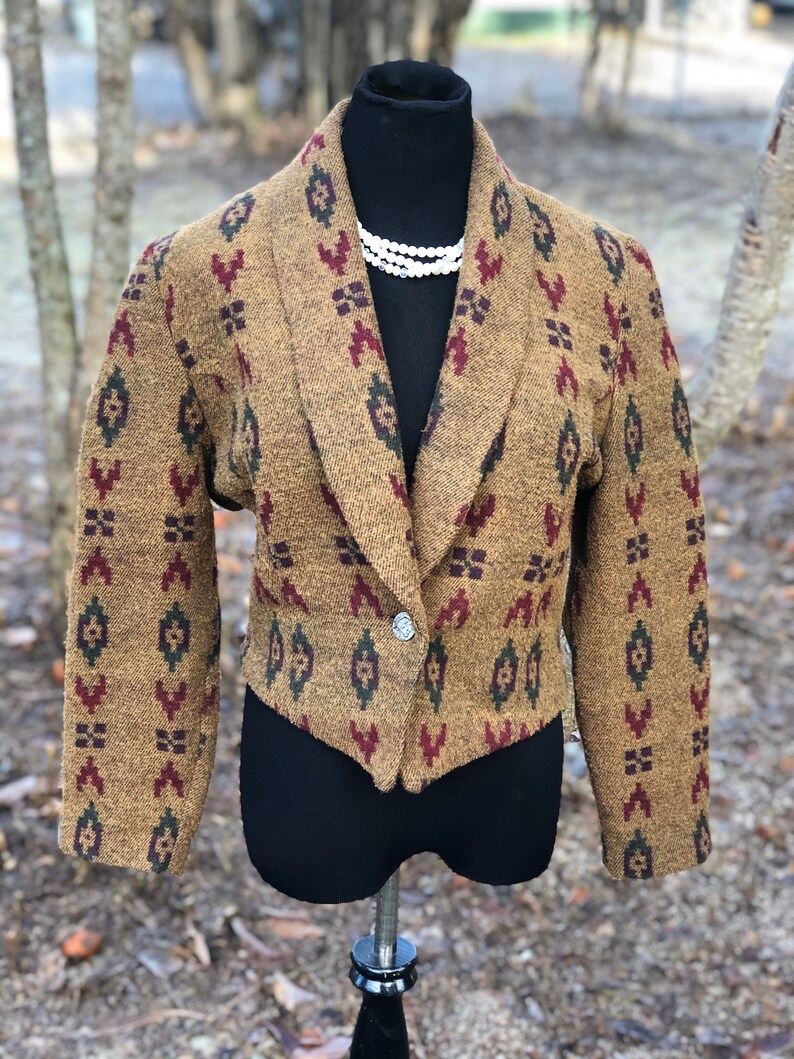 Vintage \u201cMixed Blues\u201d cropped Western Cowgirl Southwestern Print Jacket Blazer Size Medium