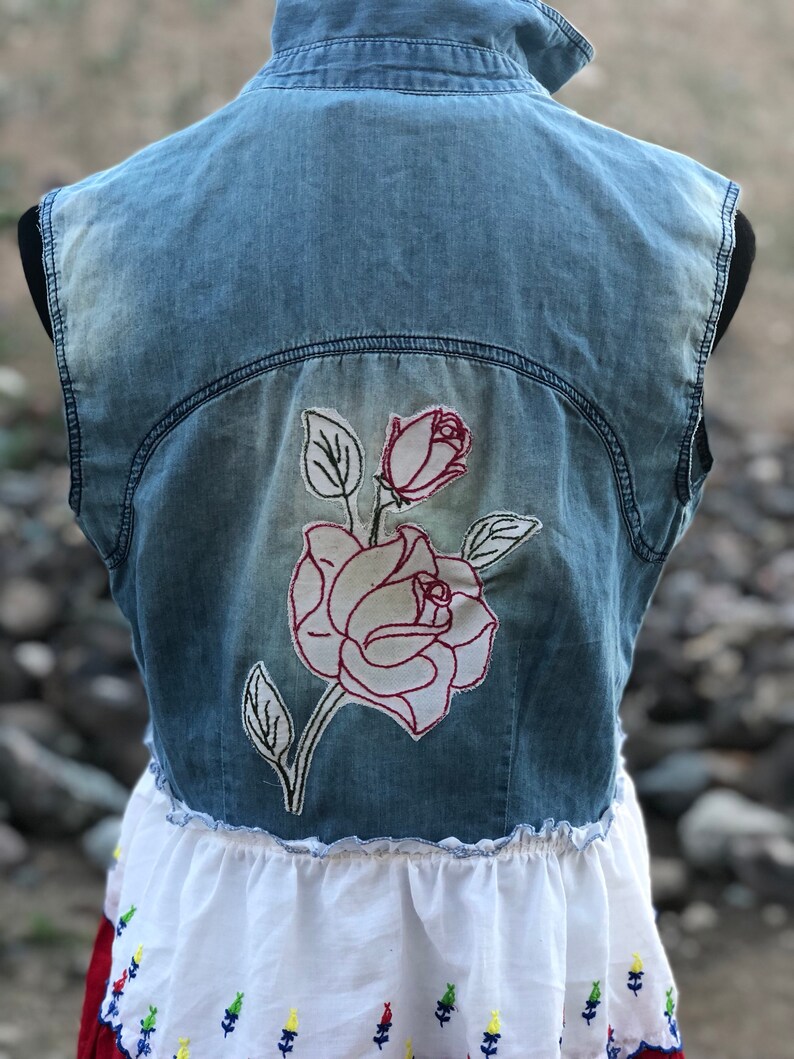 Upcycled OOAK Boho Gypsy Short Cowgirl ~Shirt~Tunic~ Vest Embroidered Rose Appliqu\u00e9 on Back size M