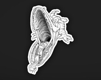 May include: Black and white line art illustration of a monster with a large open mouth and sharp teeth. The monster is depicted in a dynamic pose, with its head tilted back and its mouth wide open.