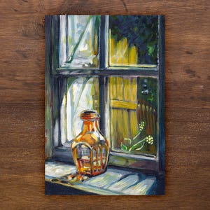 Licht durch eine Flasche auf der Fensterbank - 4 "x6" Postkarte