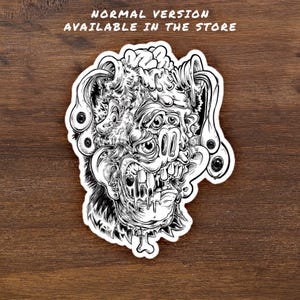 Puede incluir: Ilustraci&oacute;n en blanco y negro de una criatura grotesca con m&uacute;ltiples ojos, una boca que gotea y un hueso que sobresale de su cuello. La criatura tiene una cabeza peluda y una nariz grande y carnosa.