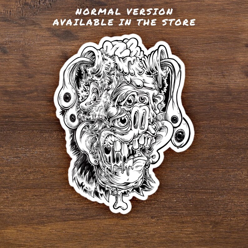 Puede incluir: Ilustraci&oacute;n en blanco y negro de una criatura grotesca con m&uacute;ltiples ojos, una boca que gotea y un hueso que sobresale de su cuello. La criatura tiene una cabeza peluda y una nariz grande y carnosa.