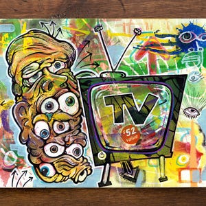 May include: A colorful abstract painting featuring a cartoon-like face with multiple eyes and a vintage television set with the word "TV" and "$52 value" written on it.