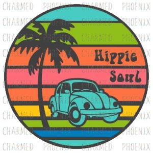 May include: A retro-style illustration of a blue Volkswagen Beetle driving through a sunset with a palm tree and the text "Hippie Soul".