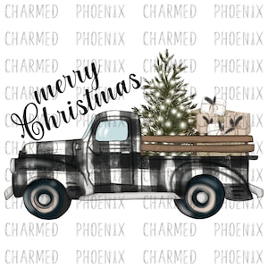 Merry Christmas-Black-Buffalo-Plaid-Vintage Truck-PNG-JPEG-Sublimation-T Shirt-Printable-Vinyl