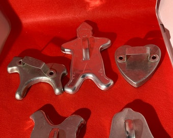 Vintage, Metal, Christmas, Cookie, Cutters Horse, Gingerbread, heart, chicken and bell.