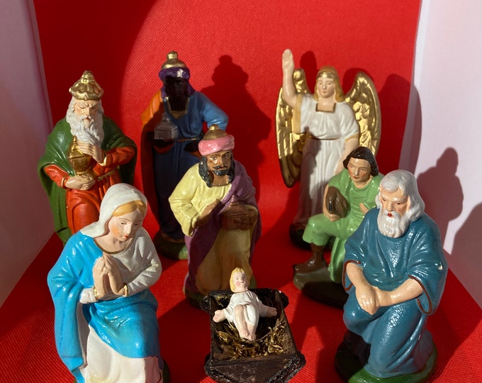 Vintage German Nativity Set of 9 Figurines, Paper Mache Figurines and