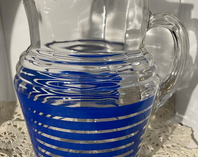 Vintage Blue Striped Water, Tea, Lemonade, Ribbed Pitcher With Ice Lip ...