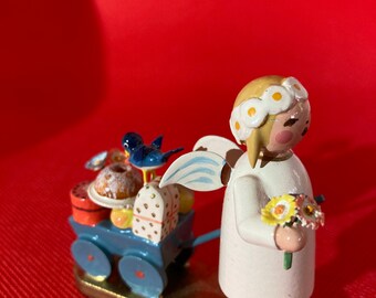 Erzgebirge, Wooden Folk Art from Germany, 1960’s, WENDT & KUHN Marguerite ANGEL Wagon of Goodies Bird Germany.