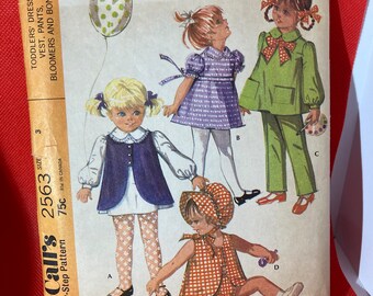 Vintage, 1970s McCall's, Uncut,  2563, Sewing Pattern, Toddler Dress, Vest, Pants, Bloomers, Bonnet Size 3