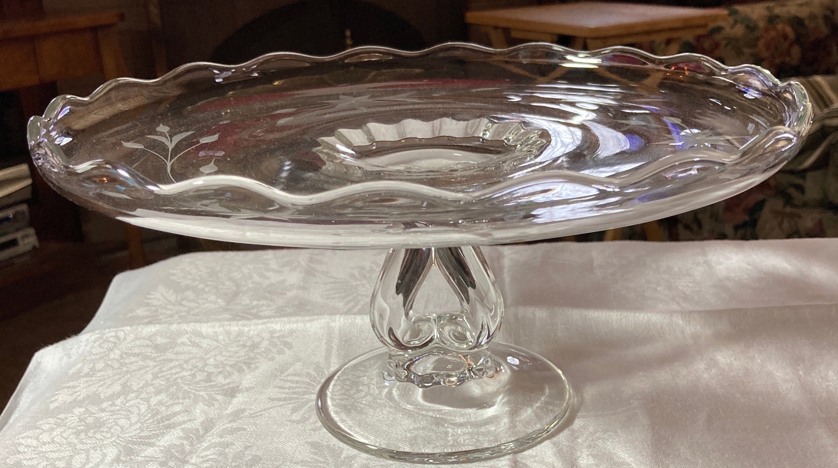 Vintage Etched Floral Pedestal Cake Plate Etsy.de