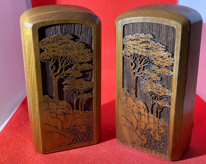 Vintage Wood Bookends With Laser Cut Cypress Trees. Lovely Set Etsy