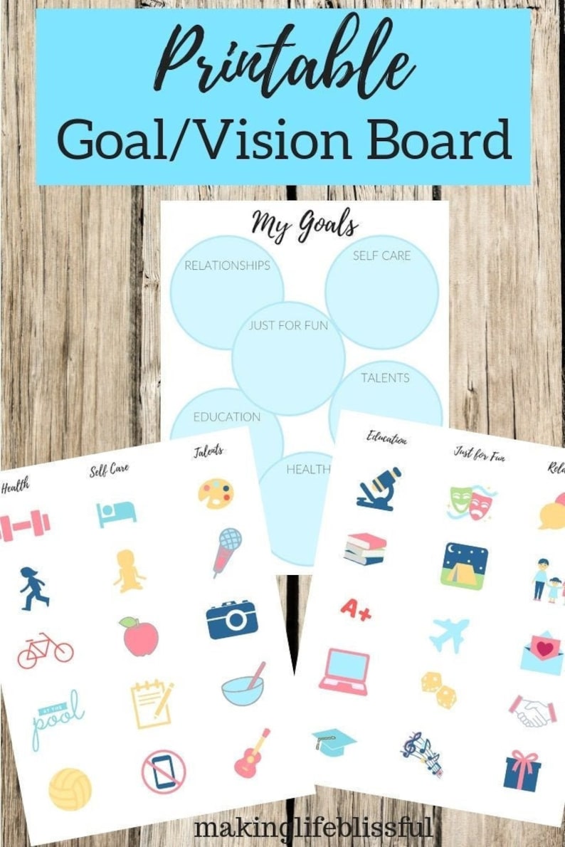 K&ouml;nnte beinhalten: Druckbares Ziel-/Vision Board mit dem Text &bdquo;Meine Ziele&ldquo; und Kategorien wie Beziehungen, Selbstpflege, Bildung und Talente. Enth&auml;lt Symbole f&uuml;r Gesundheit, Selbstpflege und unterhaltsame Aktivit&auml;ten. Der Hintergrund ist eine Holzoberfl&auml;che.