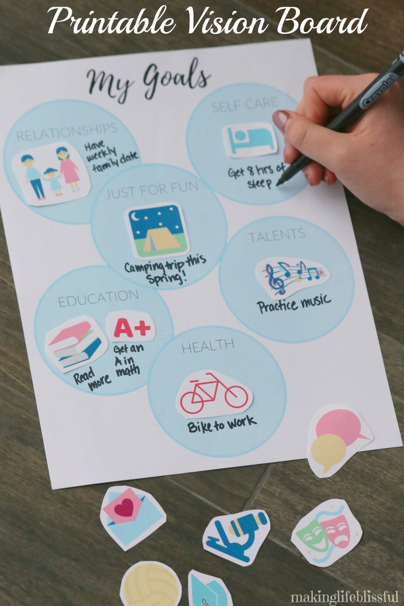 K&ouml;nnte beinhalten: Ein druckbares Vision Board mit dem Titel "My Goals" mit verschiedenen Zielkategorien wie Beziehungen, Selbstf&uuml;rsorge und Gesundheit. Jede Kategorie wird durch einen Kreis mit zugeh&ouml;rigen Bildern und Texten dargestellt.