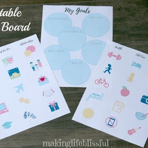 K&ouml;nnte beinhalten: Druckbares Vision Board mit dem Text "Printable Vision Board" und "My Goals". Das Board zeigt verschiedene Symbole und Textbeschriftungen wie "Relationships", "Education" und "Health".