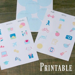 K&ouml;nnte beinhalten: Ein druckbares Vision Board Kit mit drei Papierb&ouml;gen. Ein Bogen hat den Text "My Goals" und Kreise f&uuml;r Kategorien. Die anderen beiden B&ouml;gen haben Symbole und Text wie "Relationships", "Health" und "Just for Fun".