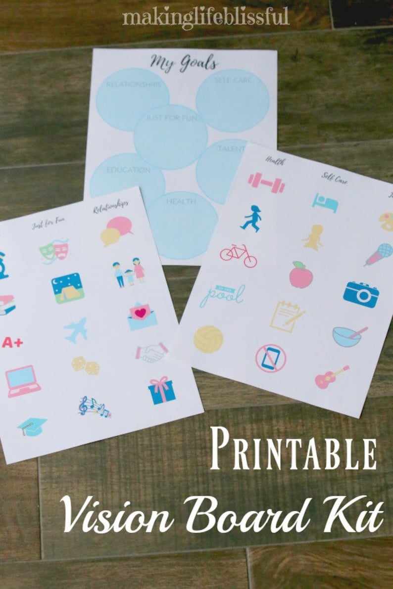 K&ouml;nnte beinhalten: Ein druckbares Vision Board Kit mit drei Papierb&ouml;gen. Ein Bogen hat den Text "My Goals" und Kreise f&uuml;r Kategorien. Die anderen beiden B&ouml;gen haben Symbole und Text wie "Relationships", "Health" und "Just for Fun".
