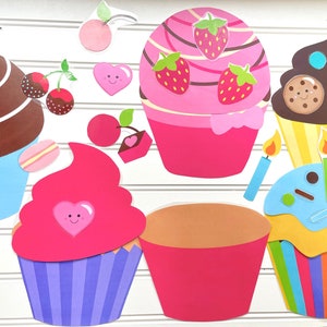 May include: A collection of colorful cupcake cutouts with various toppings, including cherries, strawberries, and cookies. The cupcakes are decorated with pink, blue, and yellow frosting, and some have candles. The overall theme is a birthday or celebration.