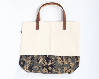 White Canvas and Camouflage Tote Bag