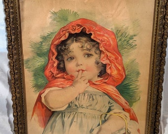 Late 1800s Little Red Riding Hood by Maud Humphrey Antique Wood Backed Frame