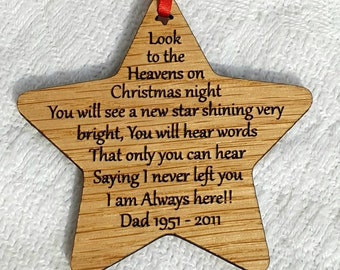 Personalised wooden Christmas tree decorations. In memory of loved ones passed.