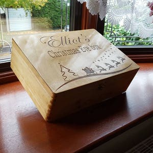 Extra large personalised Pine Christmas eve boxes/Christmas gift boxes with  hinged lid and clasp.