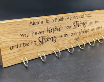 Personalised Beads of courage engraved oak plaque with hooks for displaying the beads