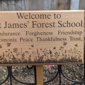 Personalised engraved garden sign with stake, hand made from solid oak and finished with weather protection oil. Images can be added.