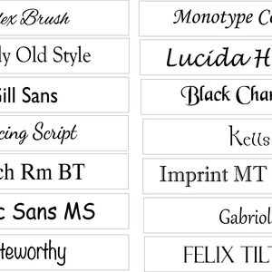 May include: A collection of font samples displayed on white rectangular cards. Each card features a different font name, including "Alex Brush," "Goudy Old Style," and "Gill Sans." The fonts vary in style, from cursive to sans-serif.