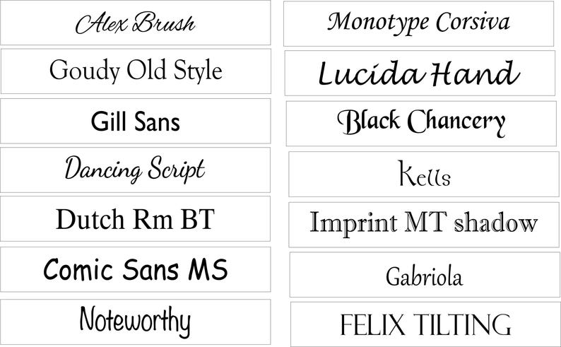 May include: A collection of font samples displayed on white rectangular cards. Each card features a different font name, including "Alex Brush," "Goudy Old Style," and "Gill Sans." The fonts vary in style, from cursive to sans-serif.