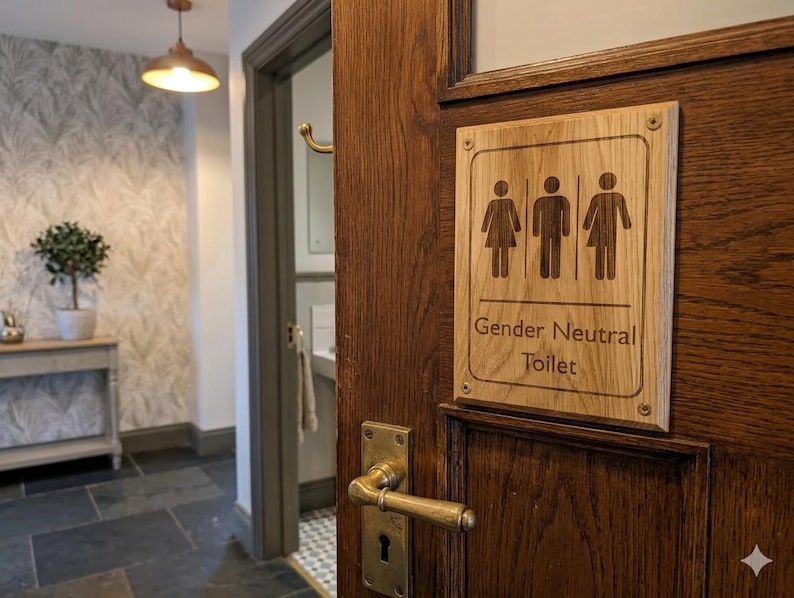 May include: A rectangular light-colored wooden sign mounted on a dark wood door with a brass handle. The sign features engraved icons of a person in a dress, a person in pants, and a person in a split garment, with the text Gender Neutral Toilet.