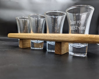 Handmade Oak Shot Glass Holder with 4 Personalised Shot Glasses