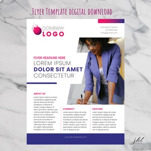 May include: A flyer template for digital download with a purple and white color scheme. The flyer features a woman in a blue blazer writing on a table. The text on the flyer reads "FLYER TEMPLATE DIGITAL DOWNLOAD", "COMPANY LOGO", "FLYER HEADLINE HERE", "LOREM IPSUM DOLOR SIT AMET CONSECTETUR", "ABOUT US", "CONNECT", "EXPLORE", "www.abcwebsite.com", and "jkl graphics".
