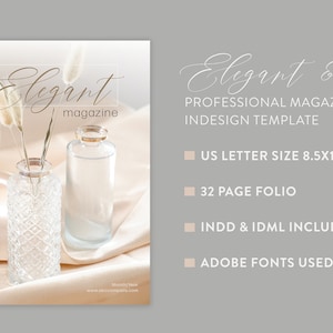 Puede incluir: Una maqueta de portada de revista con el texto "Elegant magazine" en una fuente cursiva. La portada presenta un jarrón de vidrio transparente con hierba de la pampa seca y una botella de vidrio transparente sobre un fondo de tela beige. También se incluye el texto "Professional Magazine InDesign Template", junto con detalles sobre la plantilla, como el tamaño, el número de páginas y los tipos de archivos incluidos.
