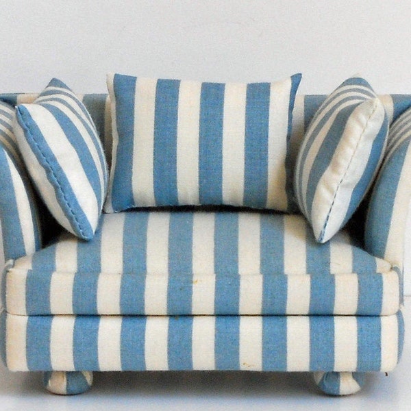Blue and white love seat - striped cotton upholstery - 3 matching pillows - miniature family room - dollhouse furniture - Concord Miniatures