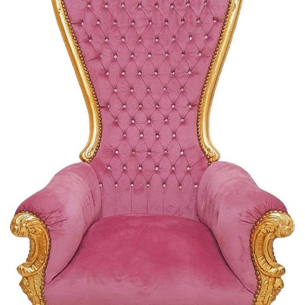 Casa Padrino baroque throne armchair with fine velvet fabric and rhinestones pink / gold - handmade royal armchair in baroque style - magnificent