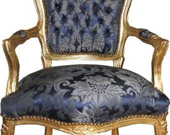 Casa Padrino Barock Salon Stuhl Royal Blau Muster / Gold - Möbel Lounge Hotel