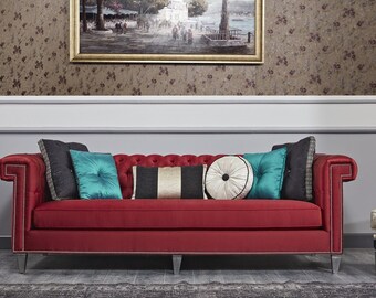 Casa Padrino Luxus Barock Chesterfield Sofa Rot / Silber 249 x 102 x H. 81 cm - Chest