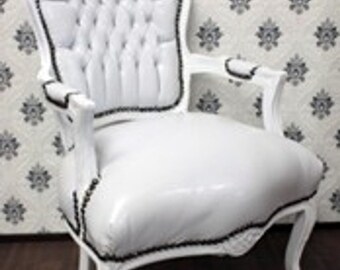 Casa Padrino Barock Salon Stuhl Weiß / Weiß Lederoptik - Möbel